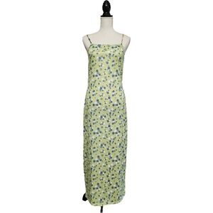 Vintage 90s Y2K Aqua Blues Lime Green Floral Maxi Dress Sz L Flower Power Hippie